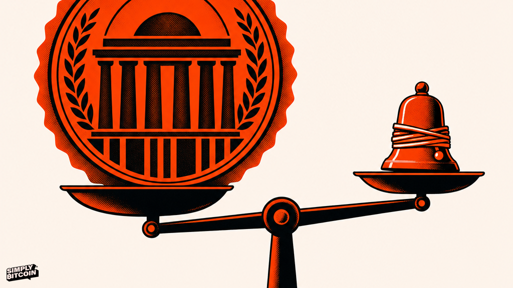 A screen print illustration of a scale where a heavy government seal outweighs a small silenced bell.
