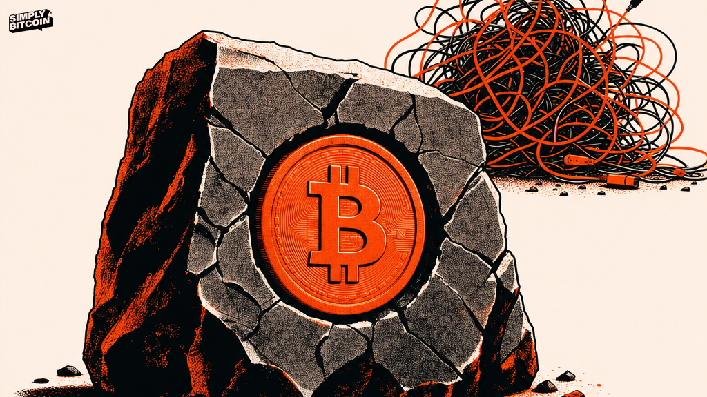 A screen print illustration of a Bitcoin coin fixed in solid rock with no wires or levers attached to it.
