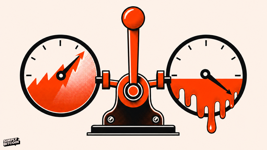 A lever locked precisely between two opposing dials, one rising and one melting, unable to move toward either side.