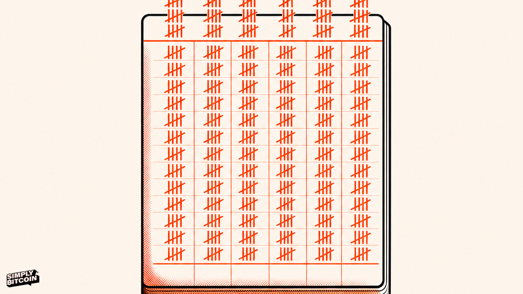 A ledger page overflowing with tally marks beside a single untouched bitcoin coin in the margin.
