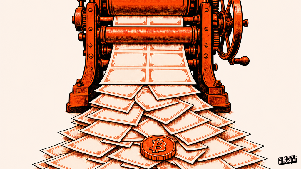 A printing press churning out bills into a growing pile with one bitcoin coin resting on top, untouched.