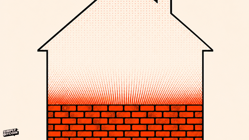 A simple house shape where the bottom third is solid brick and the top two thirds fade into radiating light lines.