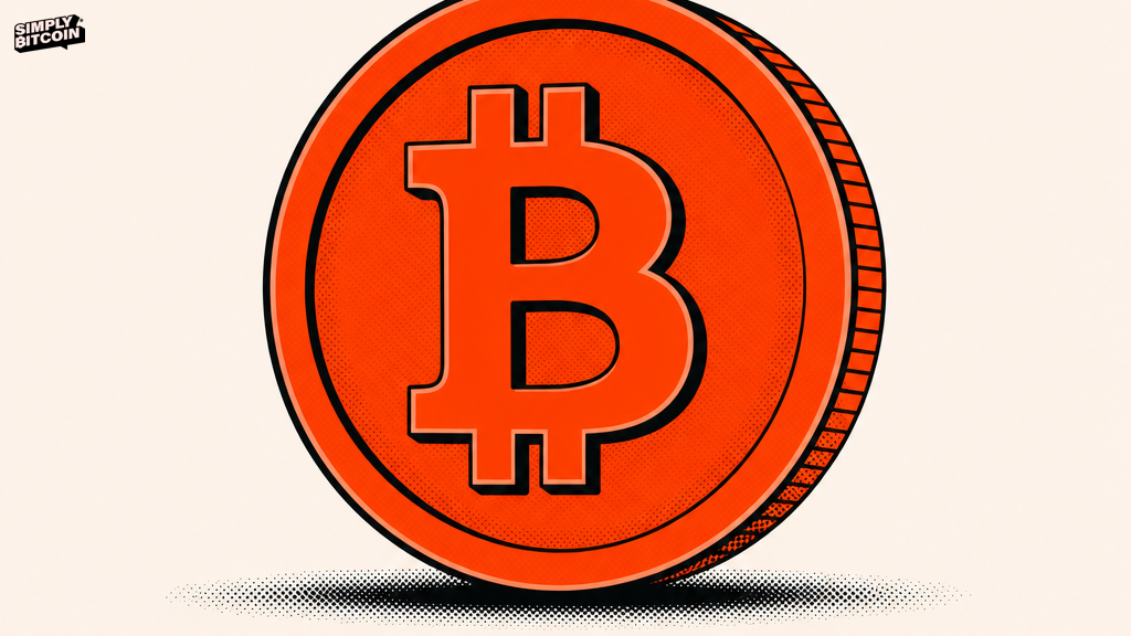 A single Bitcoin coin sits in an open field with nothing attached to it.