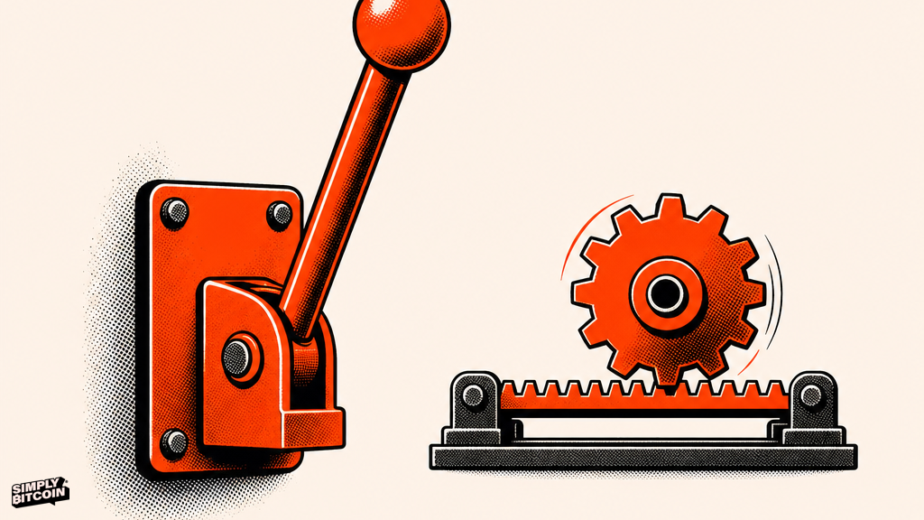 A wall-mounted lever with no hand to pull it, next to a small gear that keeps turning on its own without needing one.