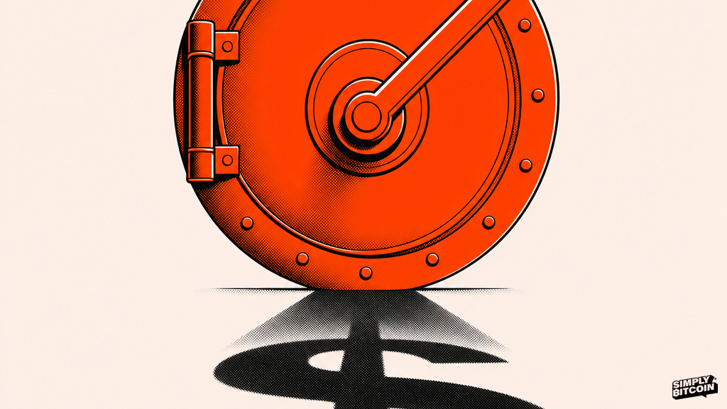 A flat vector illustration of a large lever built into a bank vault door, its shadow shaped like a dollar sign on the floor.
