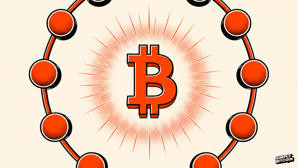 A flat vector illustration of a circular network of connected nodes with no central control point, a Bitcoin symbol glowing in the empty middle.