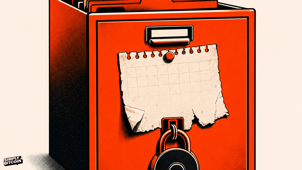 A locked filing cabinet with an outdated calendar page pinned to the front, representing delayed institutional disclosure.