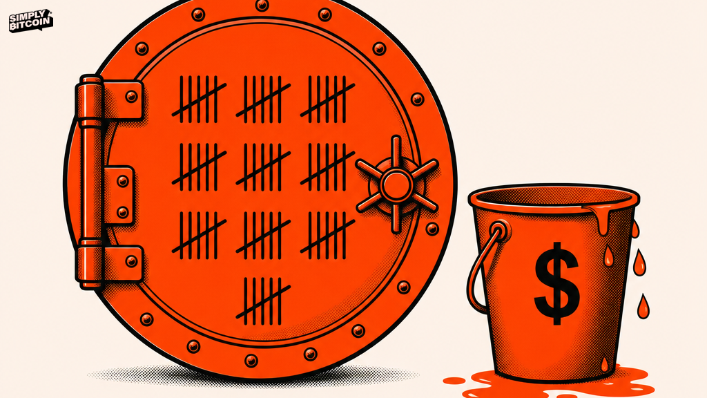 A flat vector illustration of a sealed vault marked twenty one million next to a leaking bucket marked with a dollar sign.
