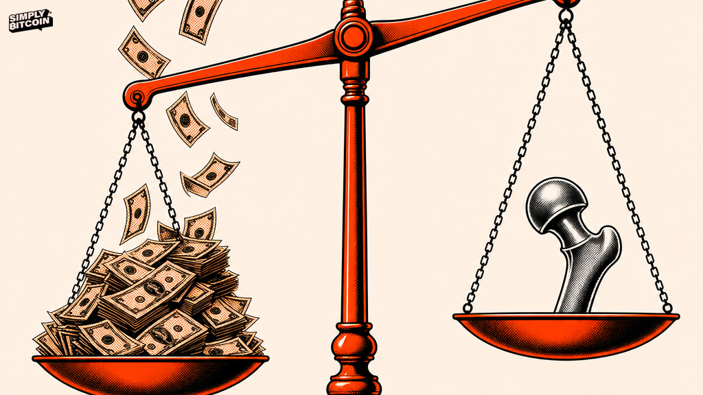 A flat vector illustration of a scale weighing a pile of printed dollar bills against one unmoving steel hip joint.