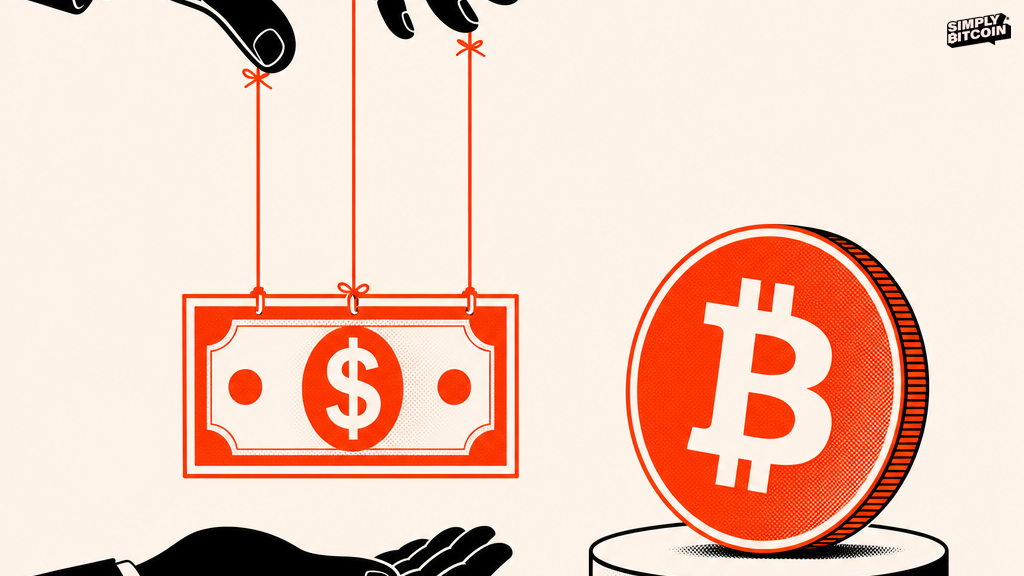 A flat illustration contrasting a dollar bill suspended on a puppet string with an unattached Bitcoin coin resting on a pedestal.