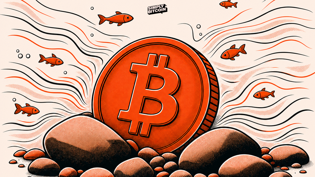 A Bitcoin coin resting still at the bottom of a riverbed while water flows around it, illustrating an asset that works whether it moves or not.