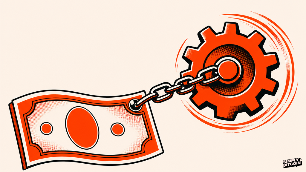 A dollar bill chained to a turning gear, illustrating money that has to keep moving to work.