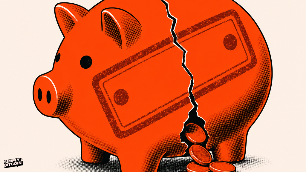 A piggy bank stamped with an expiration date and cracking open, illustrating savings that fiat penalizes for sitting still.