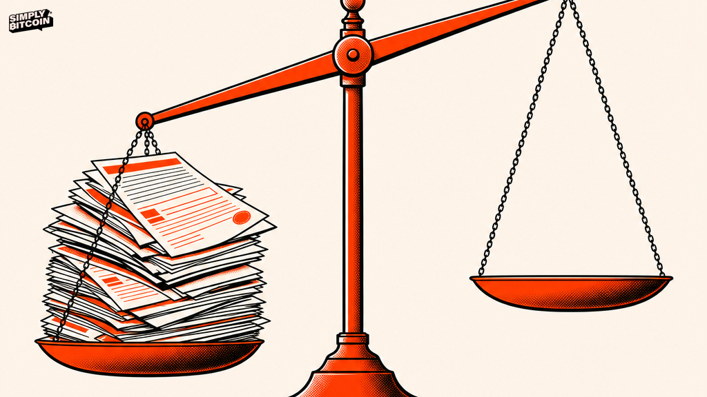 A courtroom scale weighed down by a pile of paper contracts on one side with nothing on the other side to balance it.