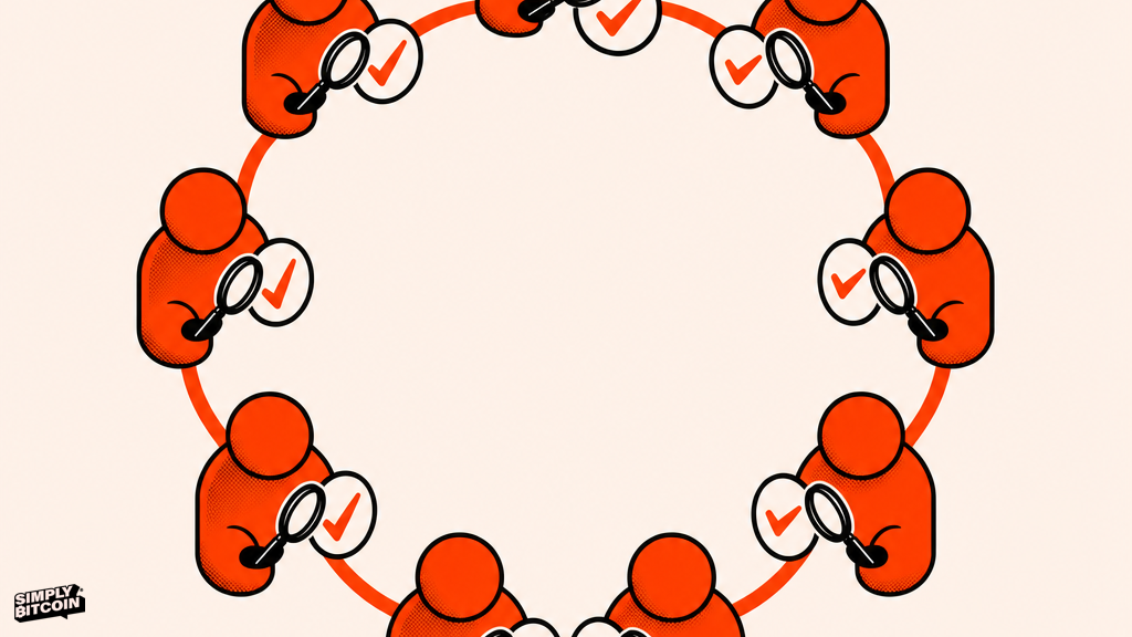 A ring of identical connected nodes verifying each other with empty space at the center where an authority would sit.