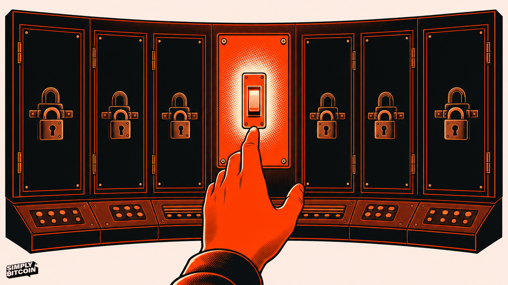 A single lit switch panel in a wall of locked doors with one hand reaching for it.