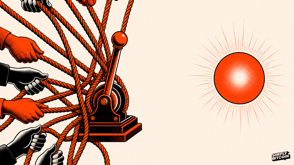A cluster of hands straining to reach one lever beside a separate glowing node that no hand can touch.