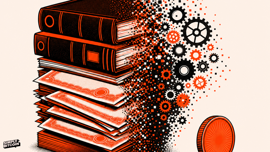 A pile of corporate ledgers dissolves into static beside a single unchanged coin.