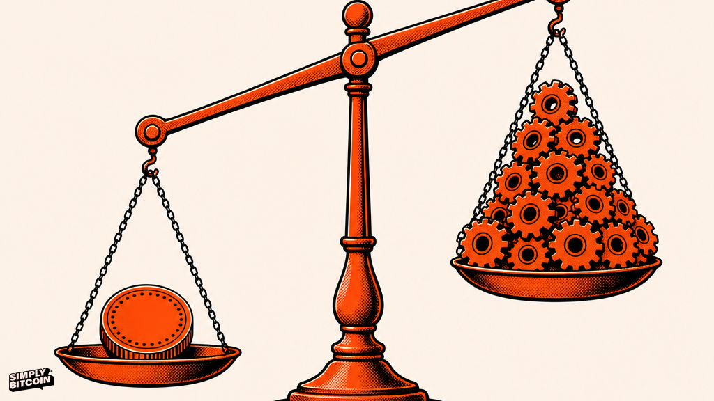 A single coin outweighs a tall pile of identical gears on an old balance scale.