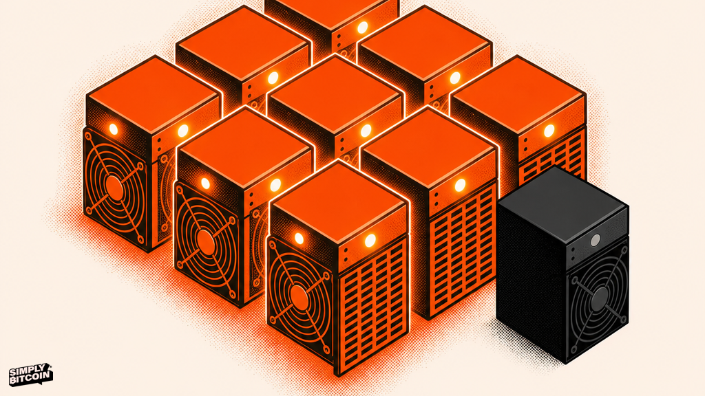 A single dark, powered down mining machine surrounded by a grid of other machines that remain lit and running.