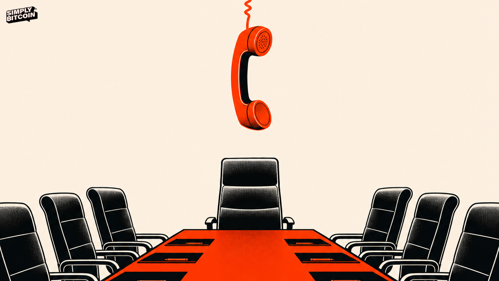 An empty boardroom chair beneath a phone receiver dangling by its cord, suggesting a decision reachable from outside the room.