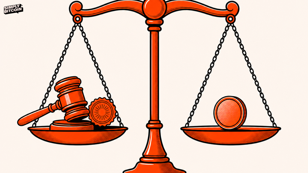 A balance scale weighing a gavel and an official seal evenly against a single coin.