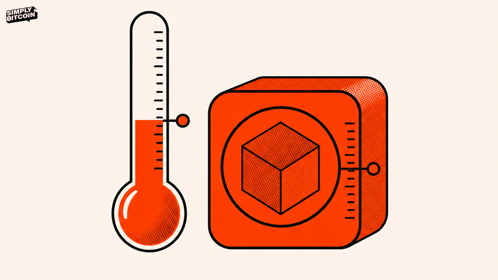 A thermometer and a Bitcoin block symbol reading the same level on parallel scales.