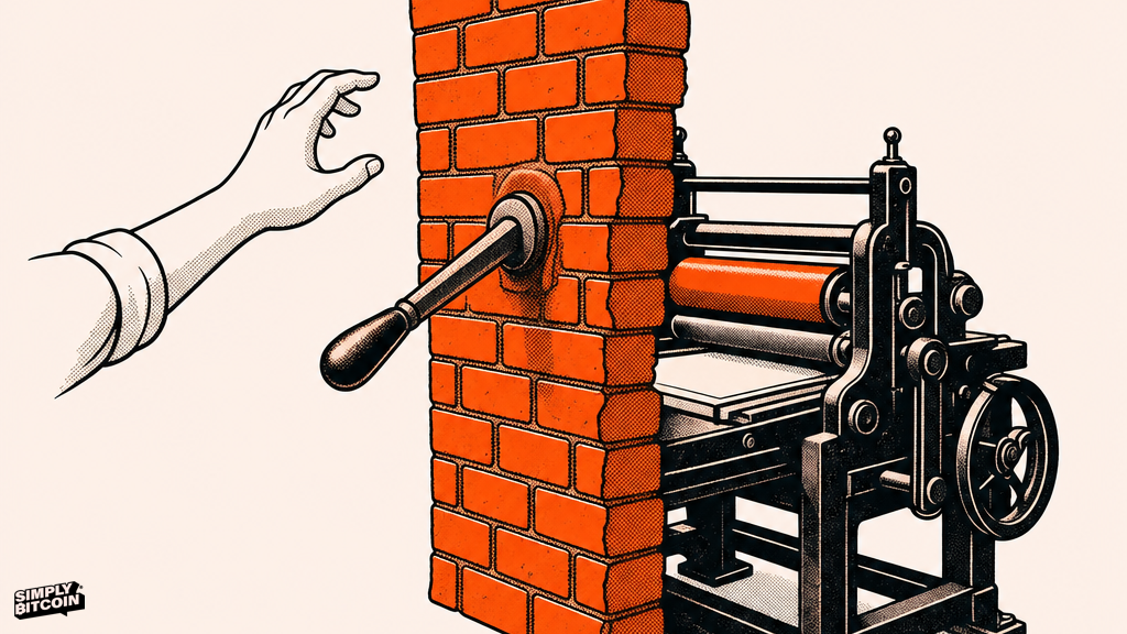 A hand reaching for a printing press lever that is fused into a solid brick wall.