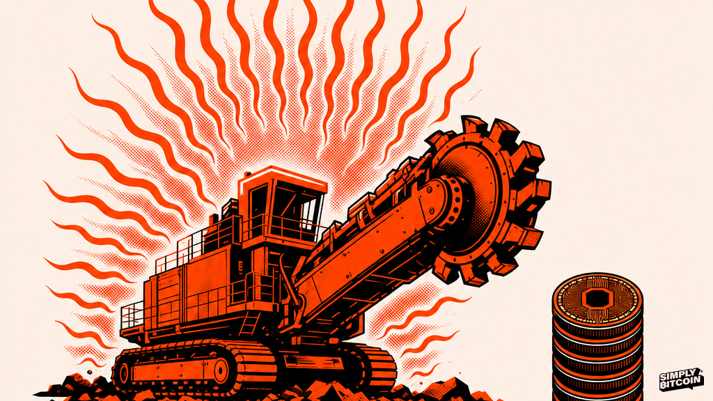 A mining machine radiating heat beside an unchanging stack of coin symbols.