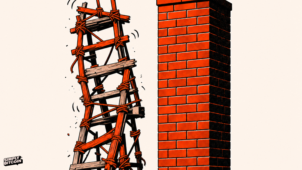 A shaky improvised scaffold standing next to a solid brick tower of the same height.