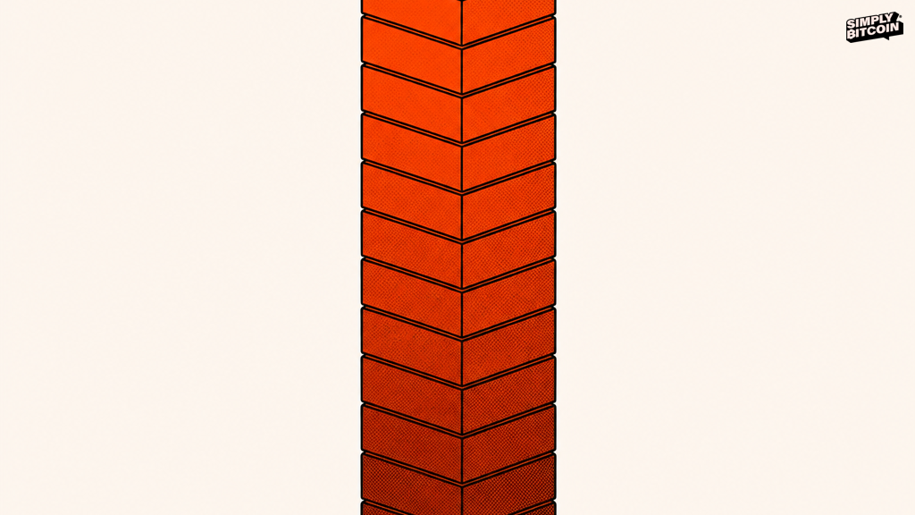A tower made of stacked blocks, older blocks darker at the bottom and a fresh glowing block still being added at the top.