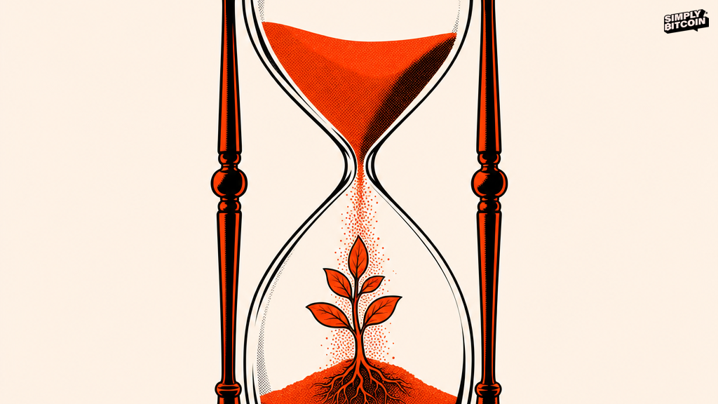 A small sapling growing inside the bottom chamber of an hourglass as sand falls around it.