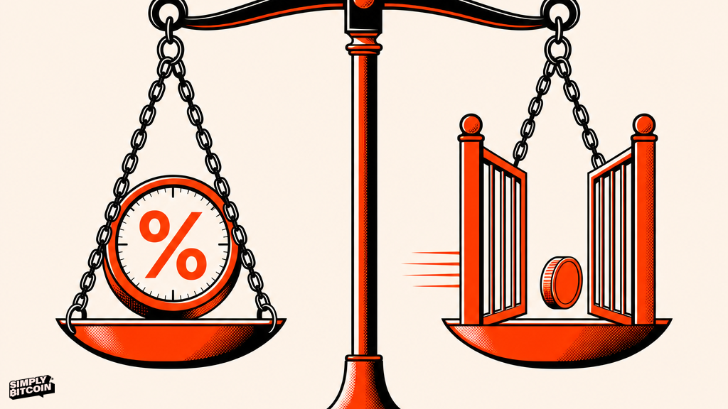 A flat vector scale weighs a chained interest rate dial against an open gate with a coin passing through it.
