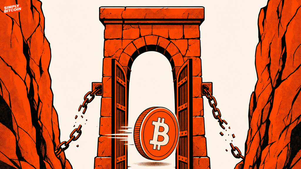 A coin marked with the bitcoin symbol passes through a stone tollgate as a broken chain hangs beside it.