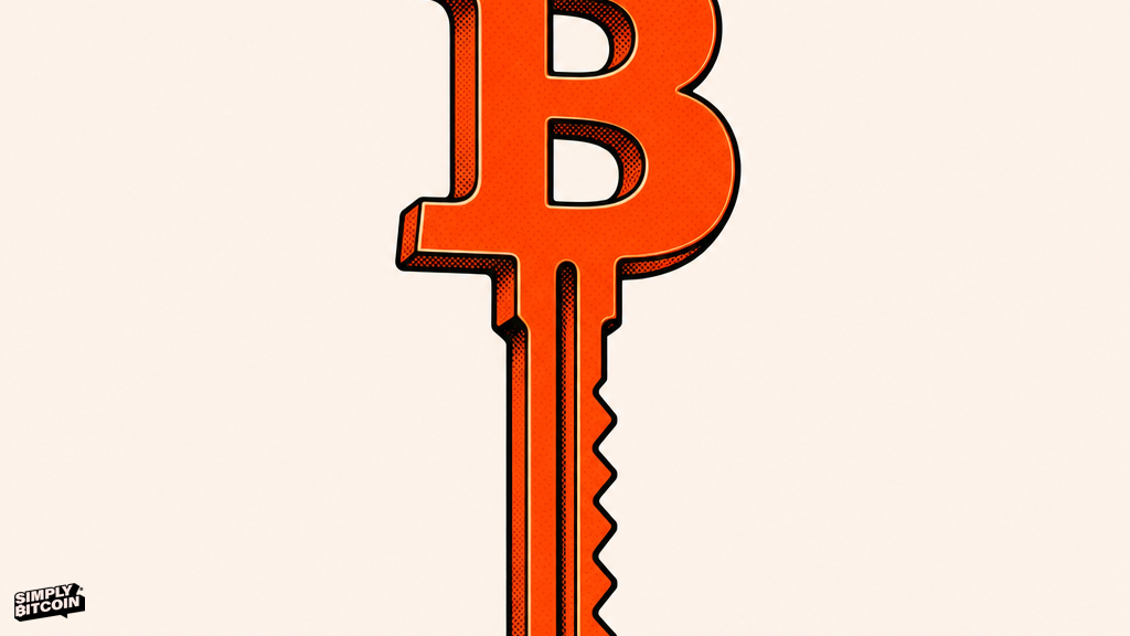 A screen-print key shaped like the Bitcoin symbol floating free with no lock attached to it.