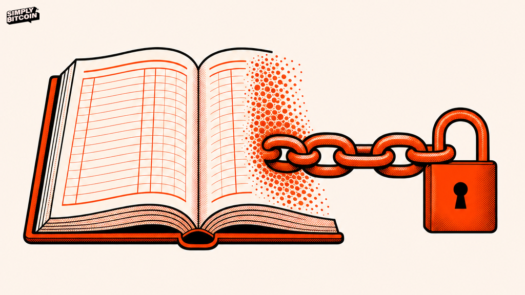 A screen-print ledger book whose open pages turn into a chain and a closed padlock at the center of the image.