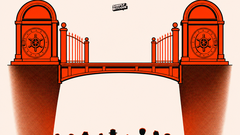 A screen-print bridge connects two bank vaults while ordinary figures wait on the shore with no path down to them.