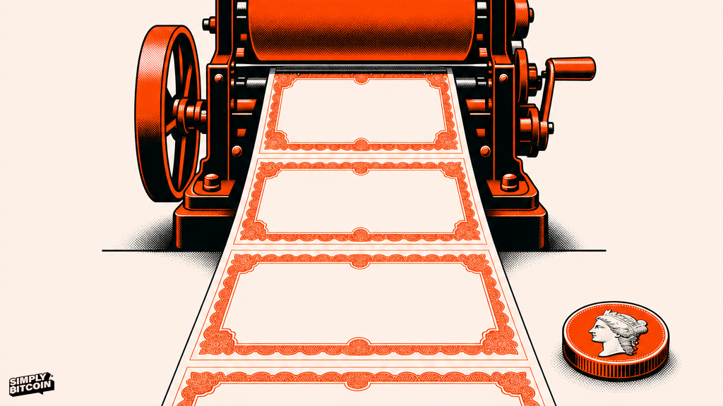 A printing press churning out stacks of certificates next to one untouched coin.