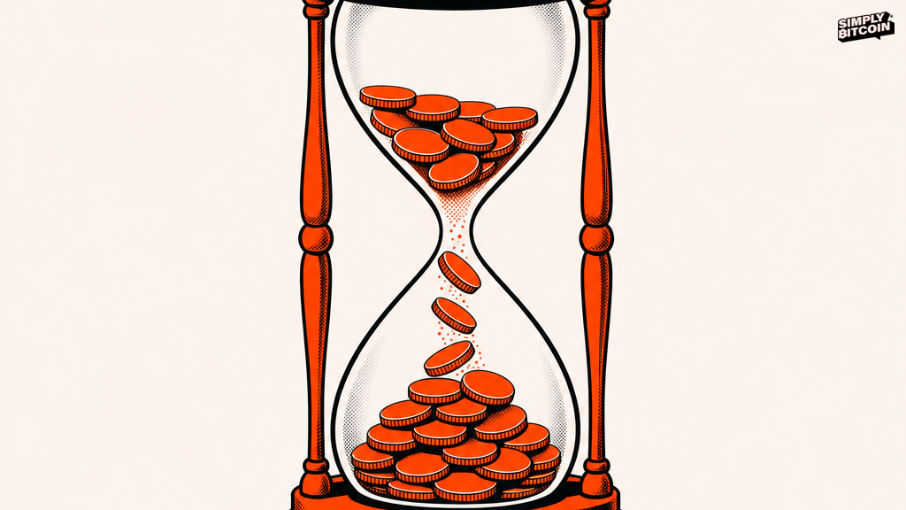 An hourglass with coins falling through it in place of sand.