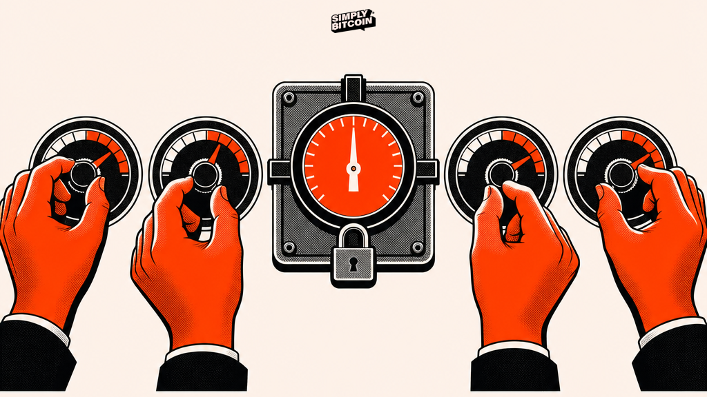 A row of adjustable dials being turned by hands, with one central dial fixed at twenty-one million and untouched.