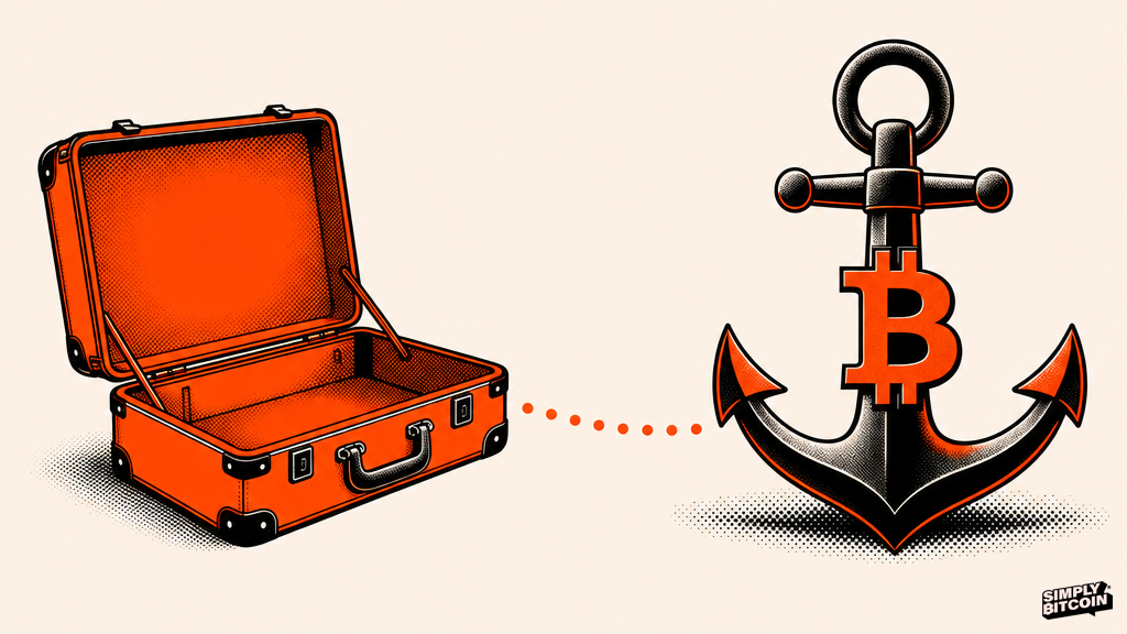 A packed suitcase beside a rooted anchor bearing the Bitcoin mark, contrasting a position you can leave with one you cannot.