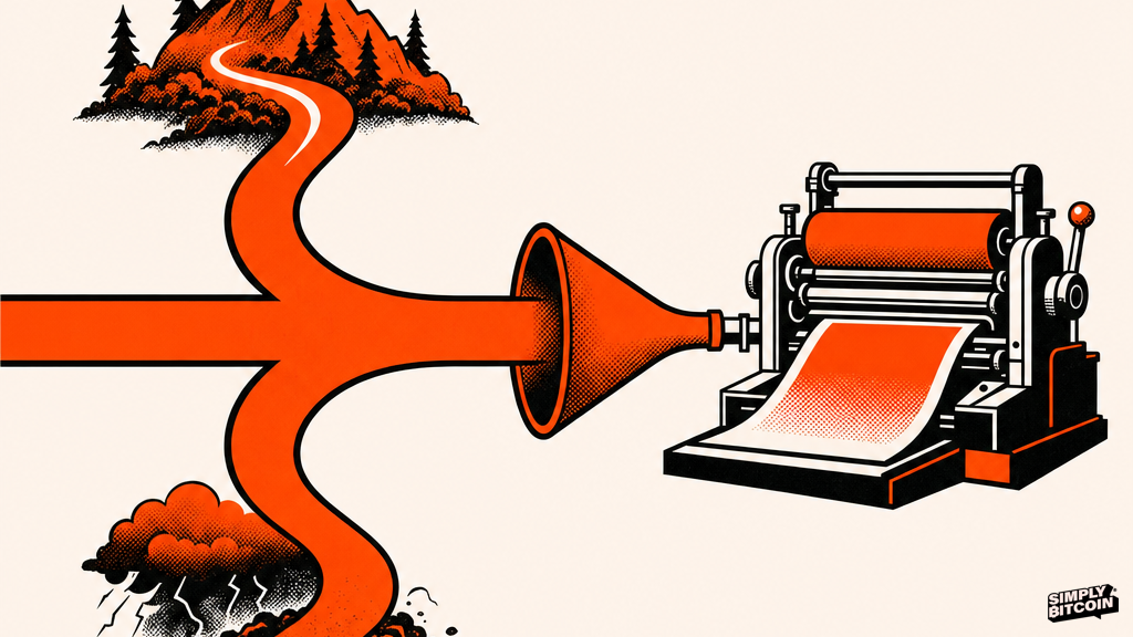 Two branching paths, one rising and one falling, both feeding into the same printing press.