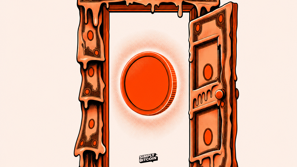 A vector illustration of an open doorway framed by melting paper currency with a glowing coin visible through the opening.