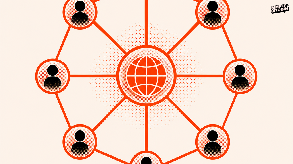 A vector graphic of a decentralized network of connected nodes with a small crossed-out dollar sign in the corner.