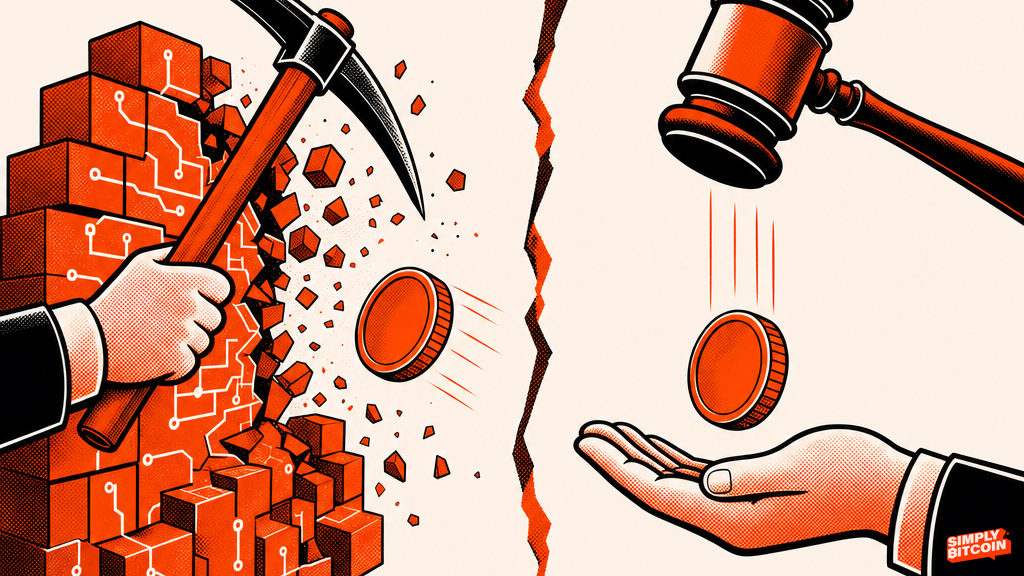 One hand mines a coin from a wall of digital blocks while another hand receives an identical coin falling from a gavel.