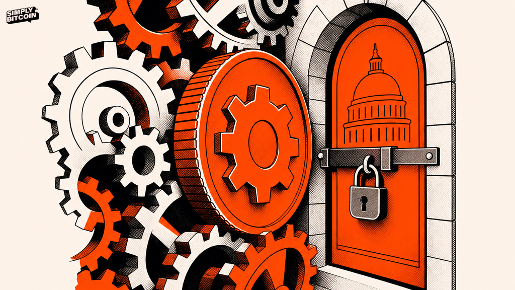 A coin-shaped gear jams inside a wall of mechanical gears just short of a locked door shaped like a capitol dome.