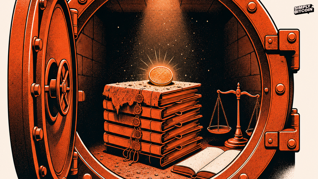 A single glowing coin rests on sealed case files inside a vault beside an empty, unused ledger and scale.