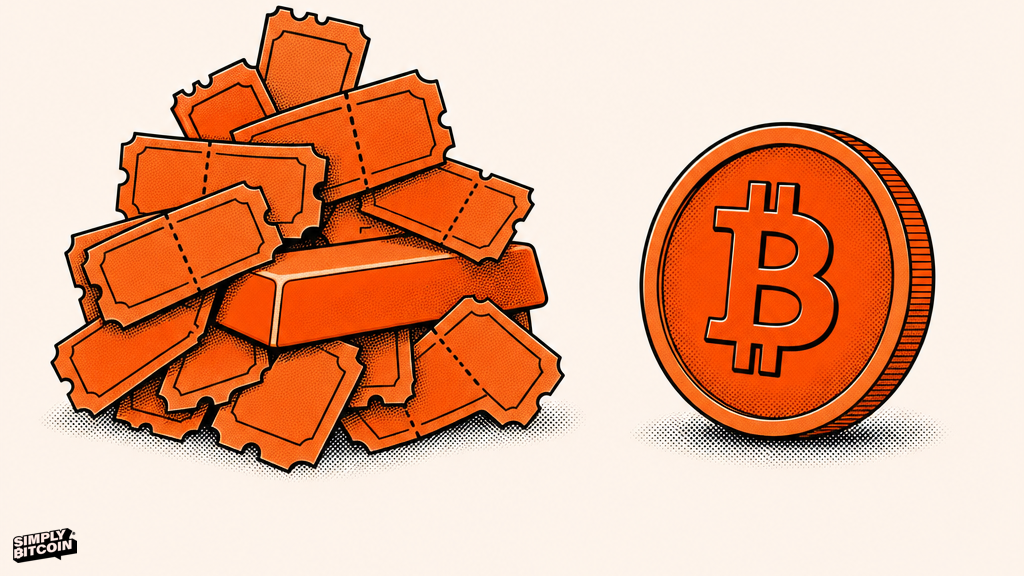 Overlapping paper claim tickets crowd a small bar on one side while a solid Bitcoin coin stands alone on the other.