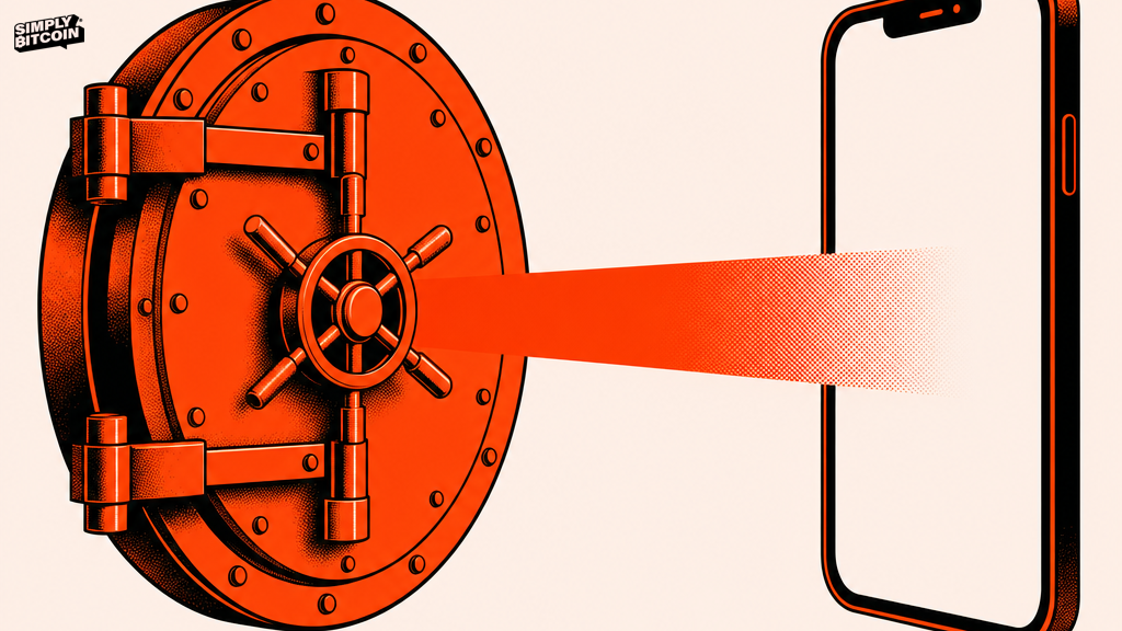 A shut vault door and an open phone outline connected by a beam of light.
