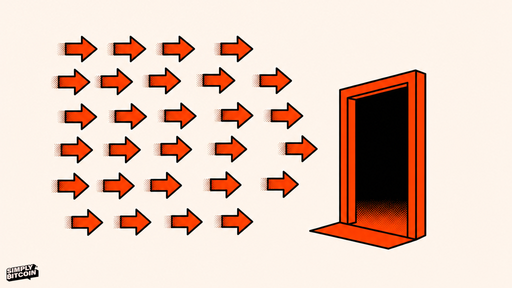 Rows of identical arrows point toward an exit symbol with no lines connecting them, representing many AI agents reaching the same decision independently.